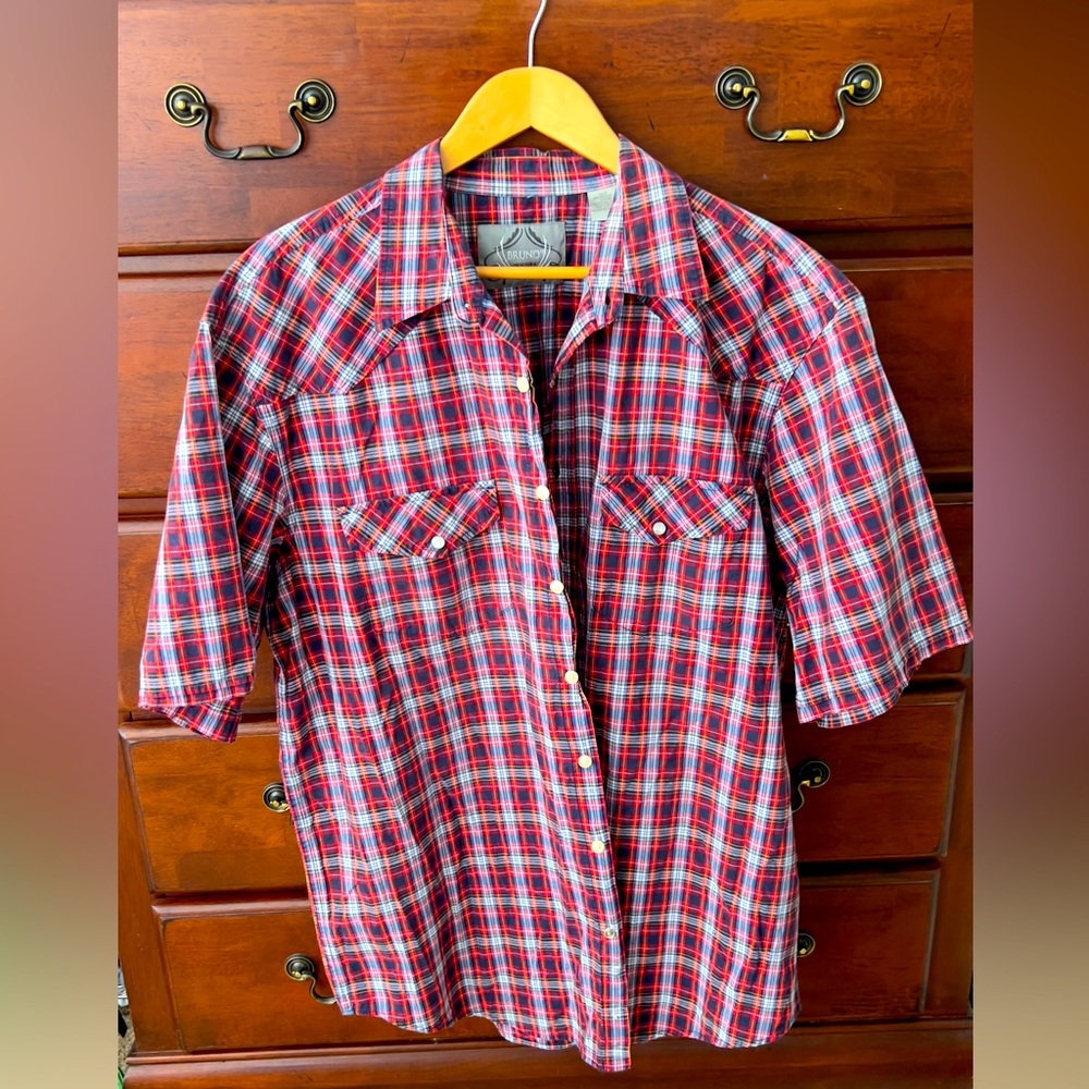 Men’s 2XLT, Red, White and Blue Plaid Button-Up Shirt